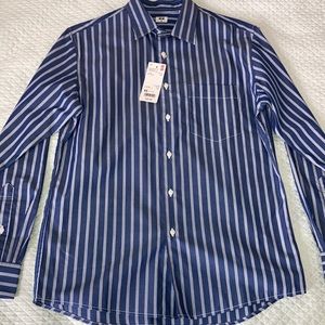 White striped blue button down shirt